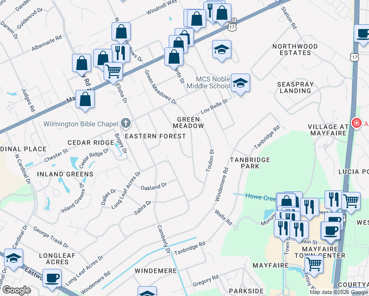 map of restaurants, bars, coffee shops, grocery stores, and more near 322 Green Meadows Dr in Wilmington