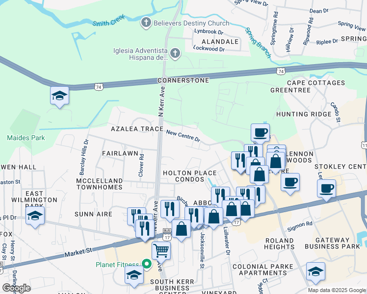map of restaurants, bars, coffee shops, grocery stores, and more near 4500 Crawdad Court in Wilmington