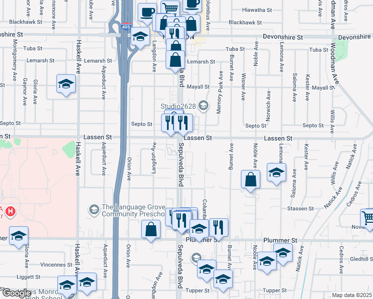 map of restaurants, bars, coffee shops, grocery stores, and more near 9834 Sepulveda Boulevard in Los Angeles