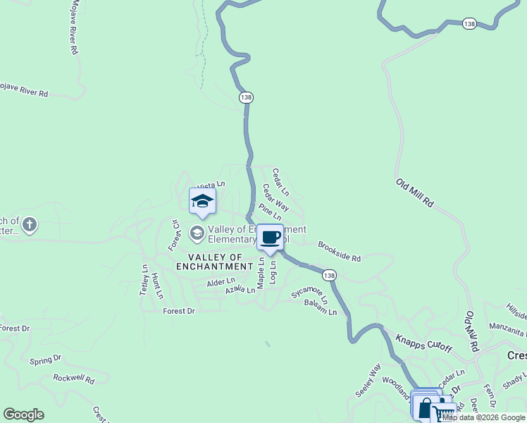 map of restaurants, bars, coffee shops, grocery stores, and more near 22989 Pine Lane in Crestline