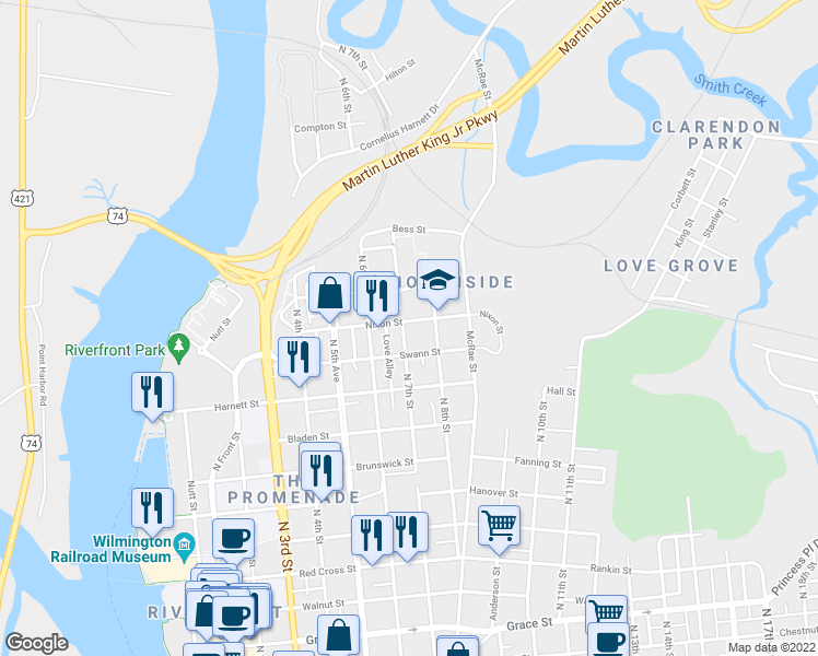 map of restaurants, bars, coffee shops, grocery stores, and more near 1134 North 7th Street in Wilmington