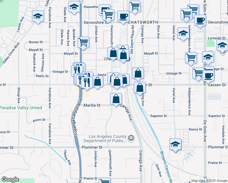 map of restaurants, bars, coffee shops, grocery stores, and more near 21710 Lassen Street in Los Angeles