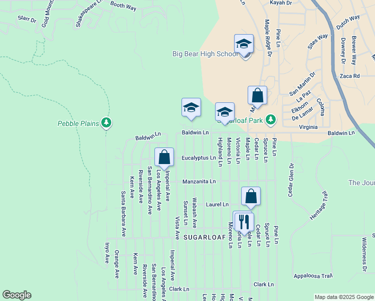 map of restaurants, bars, coffee shops, grocery stores, and more near 177 Sunset Lane in Big Bear