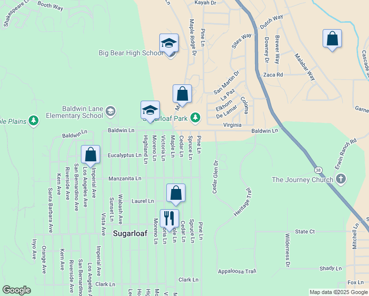 map of restaurants, bars, coffee shops, grocery stores, and more near 169 Cedar Lane in Big Bear