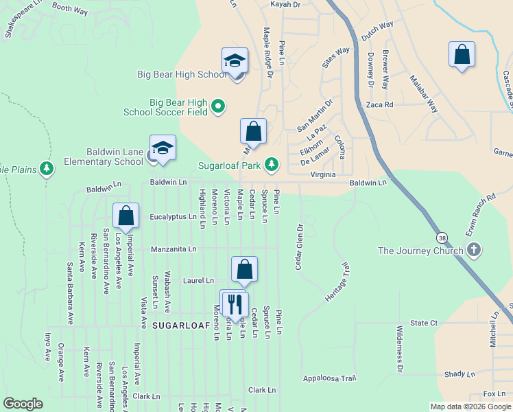 map of restaurants, bars, coffee shops, grocery stores, and more near 169 Cedar Lane in Big Bear