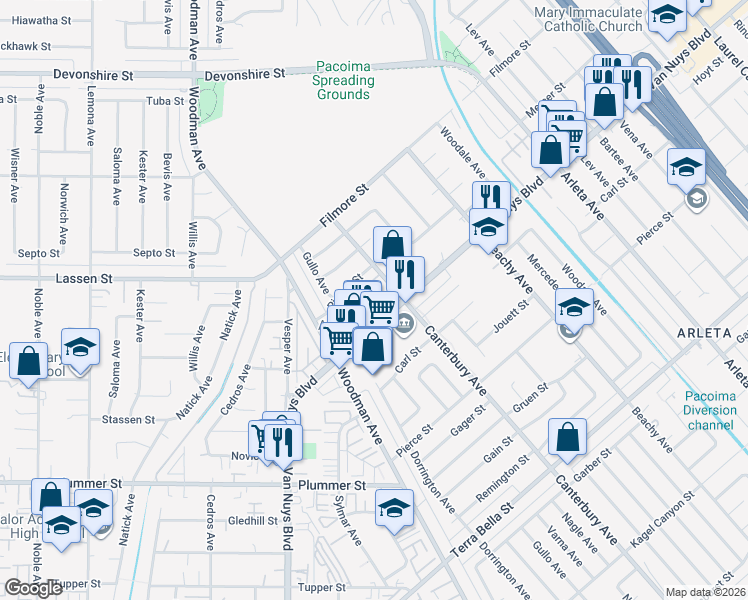 map of restaurants, bars, coffee shops, grocery stores, and more near 14333 Van Nuys Boulevard in Los Angeles