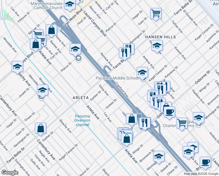 map of restaurants, bars, coffee shops, grocery stores, and more near 9851 Sharp Avenue in Los Angeles