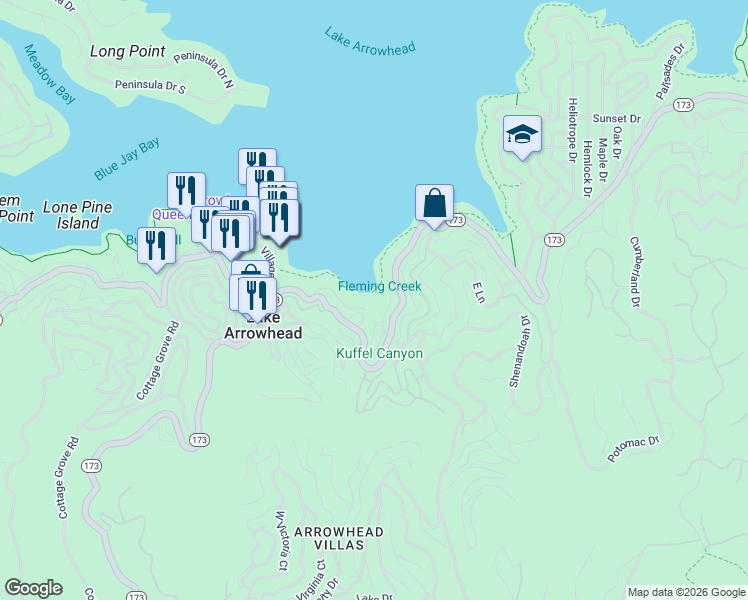 map of restaurants, bars, coffee shops, grocery stores, and more near 276 Garden Drive in Lake Arrowhead