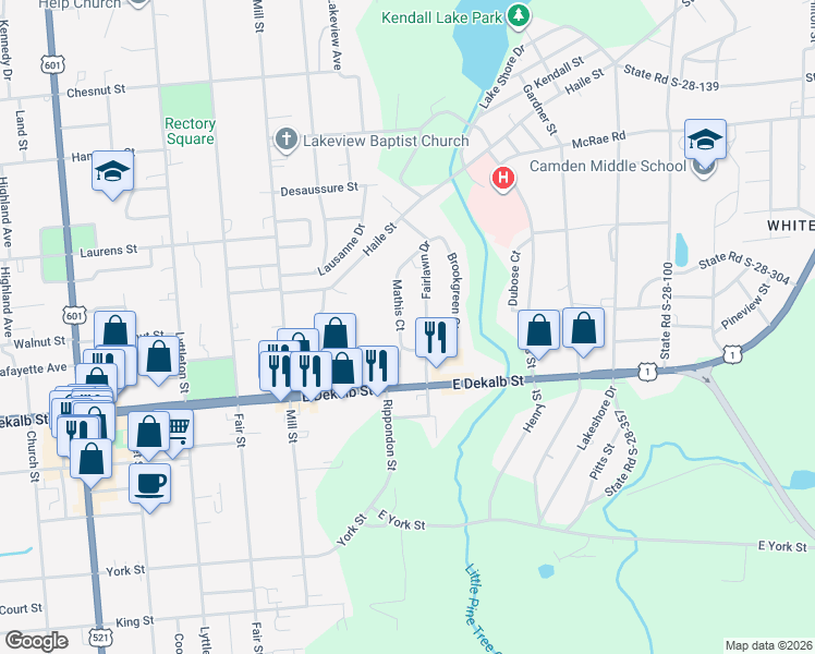 map of restaurants, bars, coffee shops, grocery stores, and more near 1117 Mathis Court in Camden