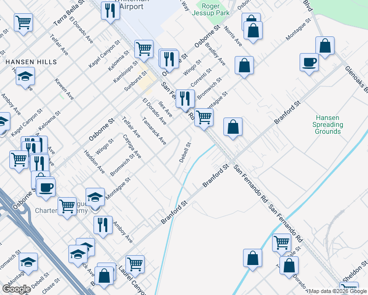 map of restaurants, bars, coffee shops, grocery stores, and more near 12557 Debell Street in Los Angeles