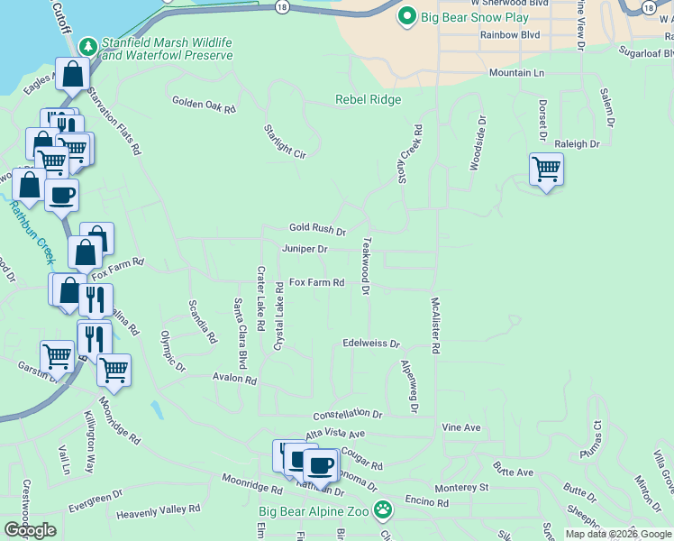 map of restaurants, bars, coffee shops, grocery stores, and more near 152 Pinon Place in Big Bear Lake