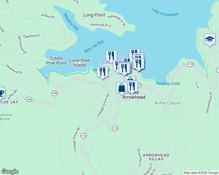 map of restaurants, bars, coffee shops, grocery stores, and more near 27910 Lakes Edge Road in Lake Arrowhead