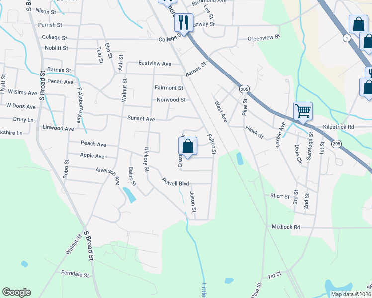 map of restaurants, bars, coffee shops, grocery stores, and more near 505 Dexter Avenue in Albertville