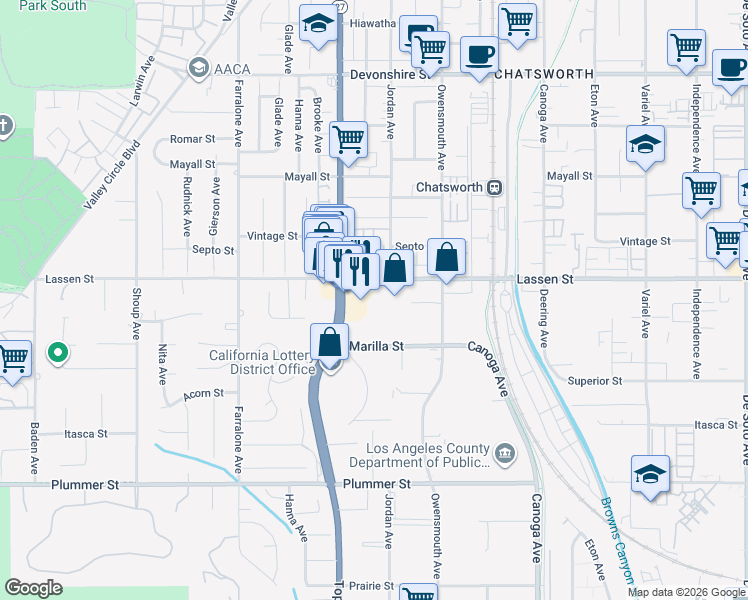 map of restaurants, bars, coffee shops, grocery stores, and more near 21902 Lassen Street in Los Angeles