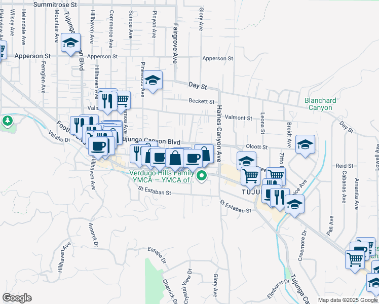 map of restaurants, bars, coffee shops, grocery stores, and more near 10041 Tujunga Canyon Boulevard in Los Angeles