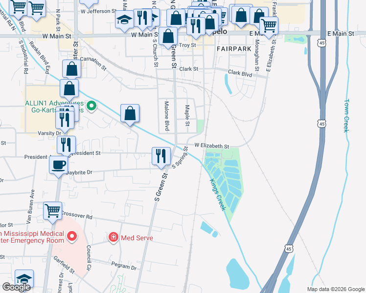 map of restaurants, bars, coffee shops, grocery stores, and more near 200-298 West Elizabeth Street in Tupelo