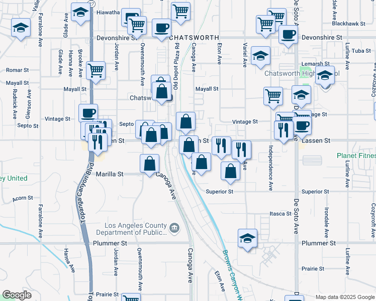 map of restaurants, bars, coffee shops, grocery stores, and more near 9833 Deering Avenue in Los Angeles