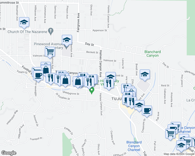 map of restaurants, bars, coffee shops, grocery stores, and more near 6813 Haywood Street in Los Angeles