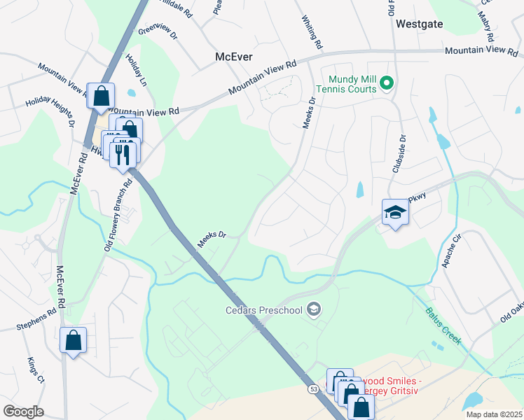 map of restaurants, bars, coffee shops, grocery stores, and more near 4660 Hidden Creek Drive in Gainesville
