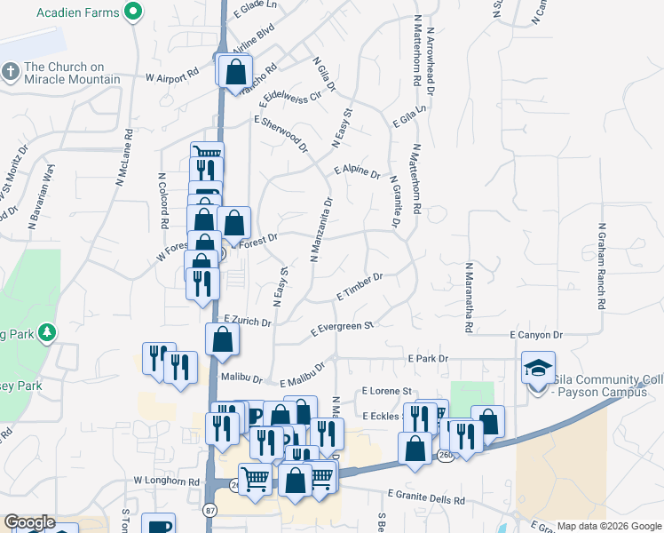 map of restaurants, bars, coffee shops, grocery stores, and more near 701 North Luzern Circle in Payson