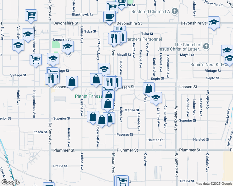 map of restaurants, bars, coffee shops, grocery stores, and more near 9850 Mason Avenue in Los Angeles