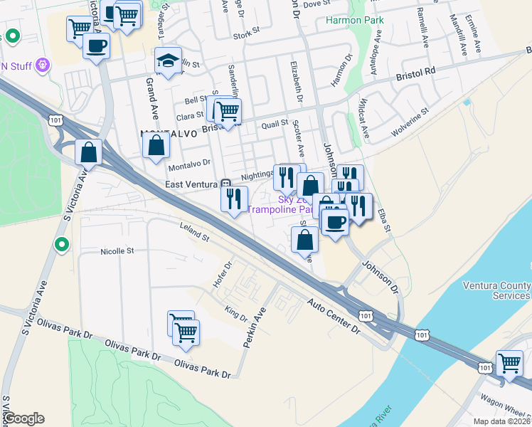 map of restaurants, bars, coffee shops, grocery stores, and more near 2759 Beene Road in Ventura