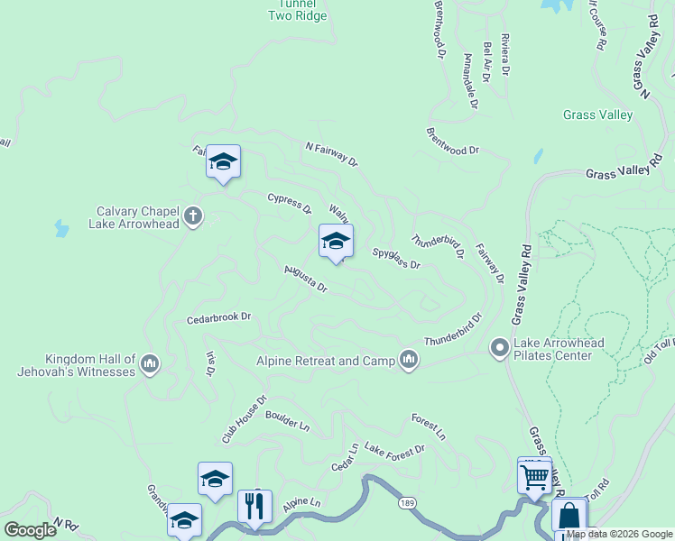 map of restaurants, bars, coffee shops, grocery stores, and more near 26349 Walnut Hills Drive in Lake Arrowhead