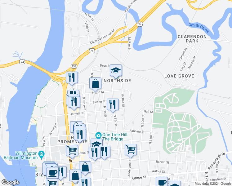 map of restaurants, bars, coffee shops, grocery stores, and more near 804 Nixon Street in Wilmington