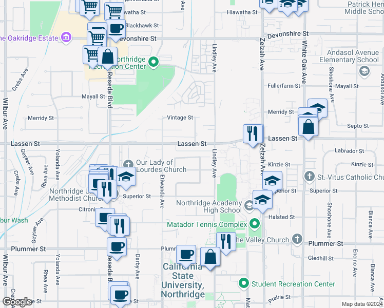 map of restaurants, bars, coffee shops, grocery stores, and more near 18149 Labrador Street in Los Angeles