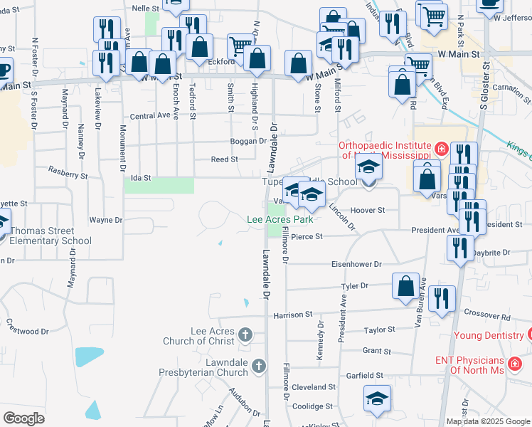 map of restaurants, bars, coffee shops, grocery stores, and more near 1002 Lawndale Drive in Tupelo