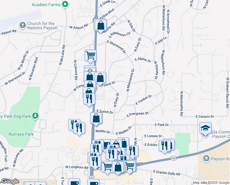 map of restaurants, bars, coffee shops, grocery stores, and more near 710-752 North Easy Street in Payson