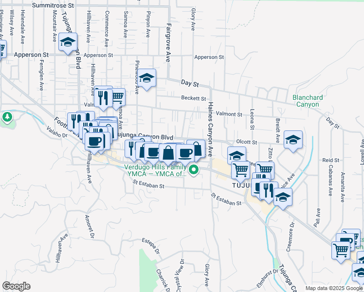 map of restaurants, bars, coffee shops, grocery stores, and more near 10041 Tujunga Canyon Boulevard in Los Angeles