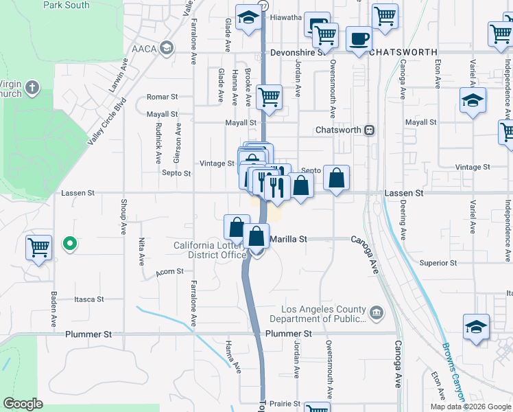 map of restaurants, bars, coffee shops, grocery stores, and more near 9852 Topanga Canyon Boulevard in Los Angeles