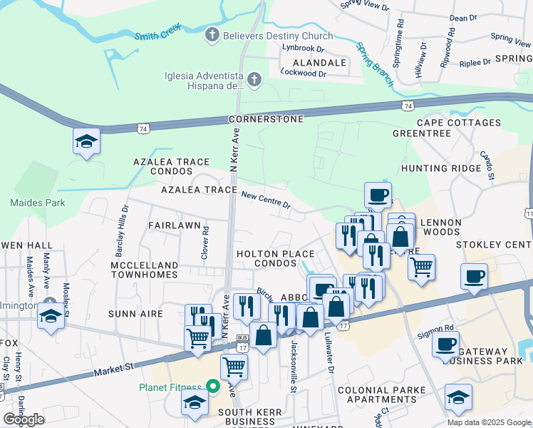 map of restaurants, bars, coffee shops, grocery stores, and more near 4500 Crawdad Court in Wilmington