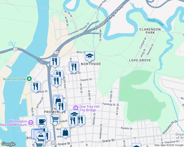 map of restaurants, bars, coffee shops, grocery stores, and more near in Wilmington