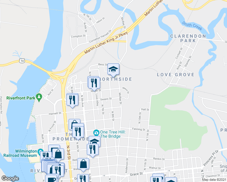 map of restaurants, bars, coffee shops, grocery stores, and more near in Wilmington