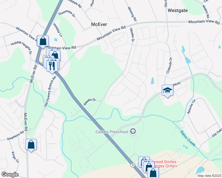 map of restaurants, bars, coffee shops, grocery stores, and more near 4660 Hidden Creek Drive in Gainesville
