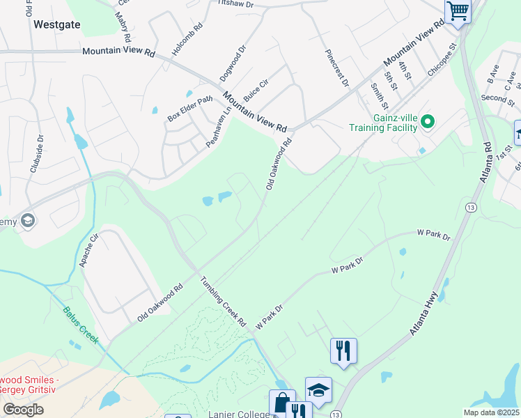 map of restaurants, bars, coffee shops, grocery stores, and more near 2953 Old Oakwood Road in Gainesville