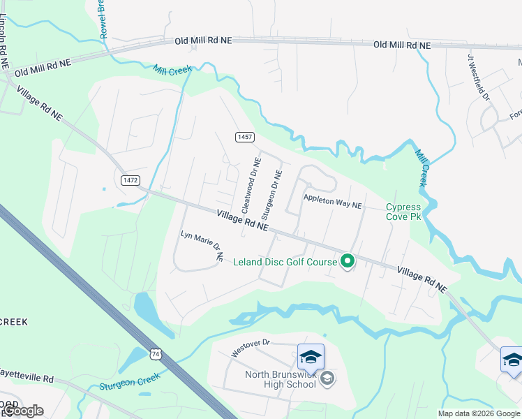map of restaurants, bars, coffee shops, grocery stores, and more near 9619 Sturgeon Drive Northeast in Leland