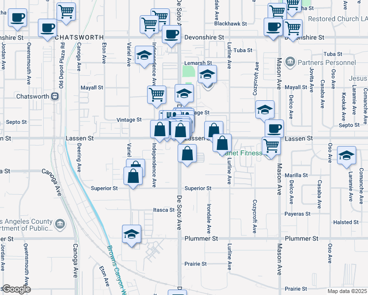 map of restaurants, bars, coffee shops, grocery stores, and more near 20909 Lassen Street in Los Angeles