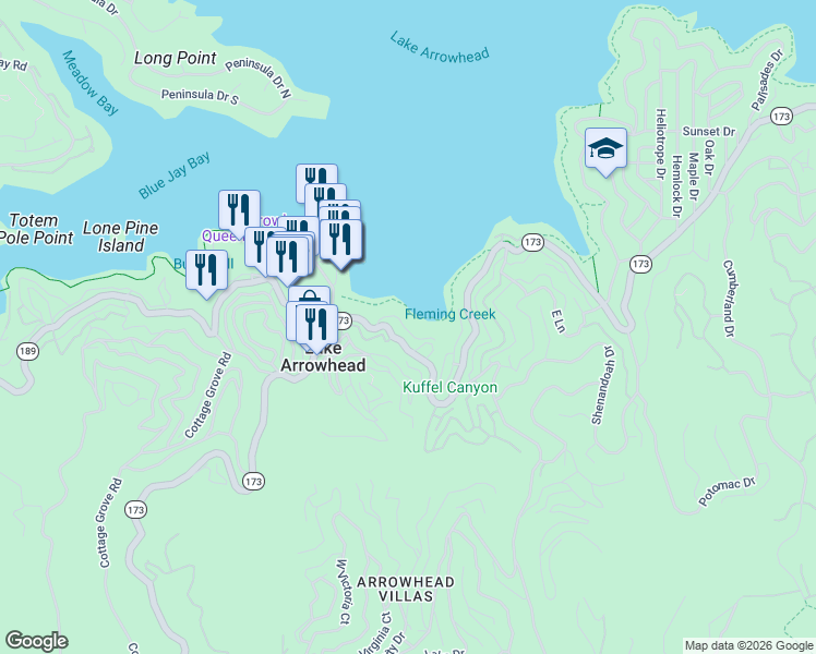 map of restaurants, bars, coffee shops, grocery stores, and more near 231 Blue Lake Road in Lake Arrowhead