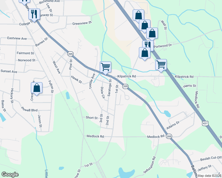 map of restaurants, bars, coffee shops, grocery stores, and more near 105 1st Street in Albertville