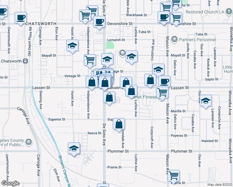 map of restaurants, bars, coffee shops, grocery stores, and more near 20800 Lassen Street in Los Angeles