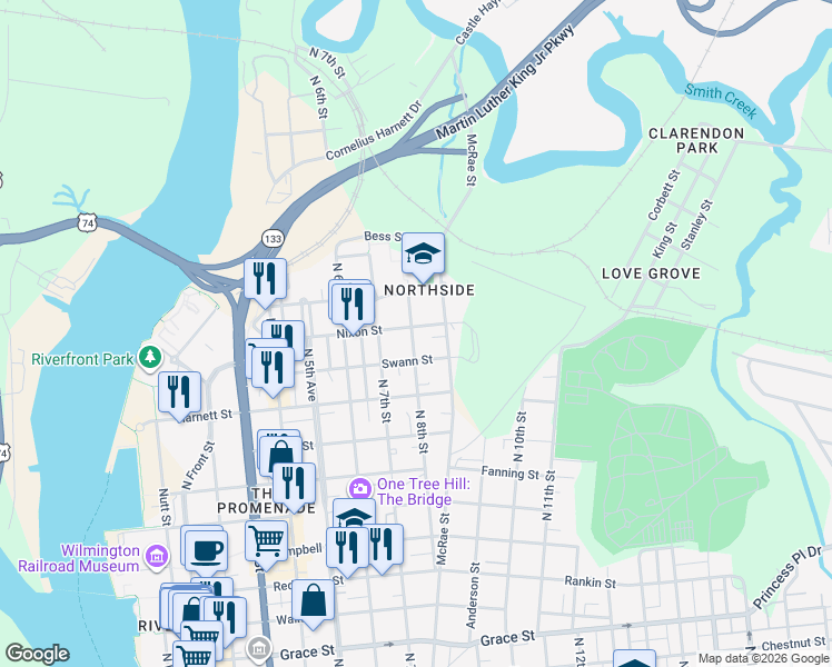 map of restaurants, bars, coffee shops, grocery stores, and more near 721 Nixon Street in Wilmington