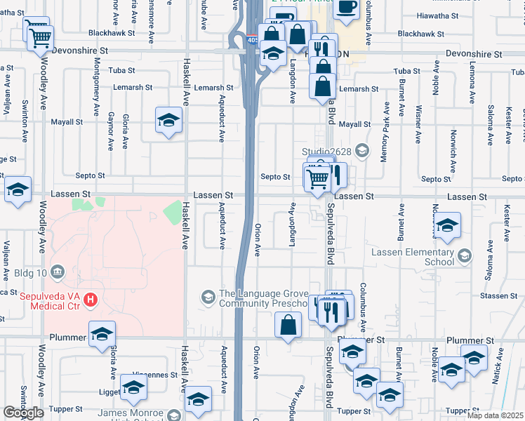 map of restaurants, bars, coffee shops, grocery stores, and more near 9844 Orion Avenue in Los Angeles