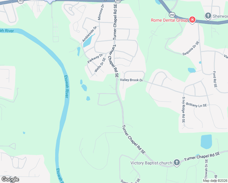 map of restaurants, bars, coffee shops, grocery stores, and more near 1 Shadowood Drive Southeast in Rome