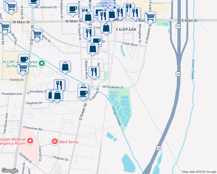 map of restaurants, bars, coffee shops, grocery stores, and more near 200 West Elizabeth Street in Tupelo