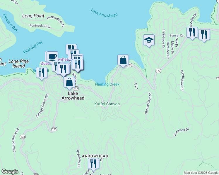 map of restaurants, bars, coffee shops, grocery stores, and more near in Lake Arrowhead