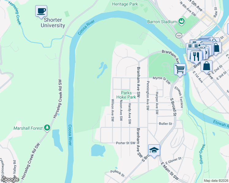 map of restaurants, bars, coffee shops, grocery stores, and more near 201 Wilson Avenue Southwest in Rome