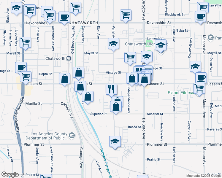 map of restaurants, bars, coffee shops, grocery stores, and more near 21100 Lassen Street in Los Angeles